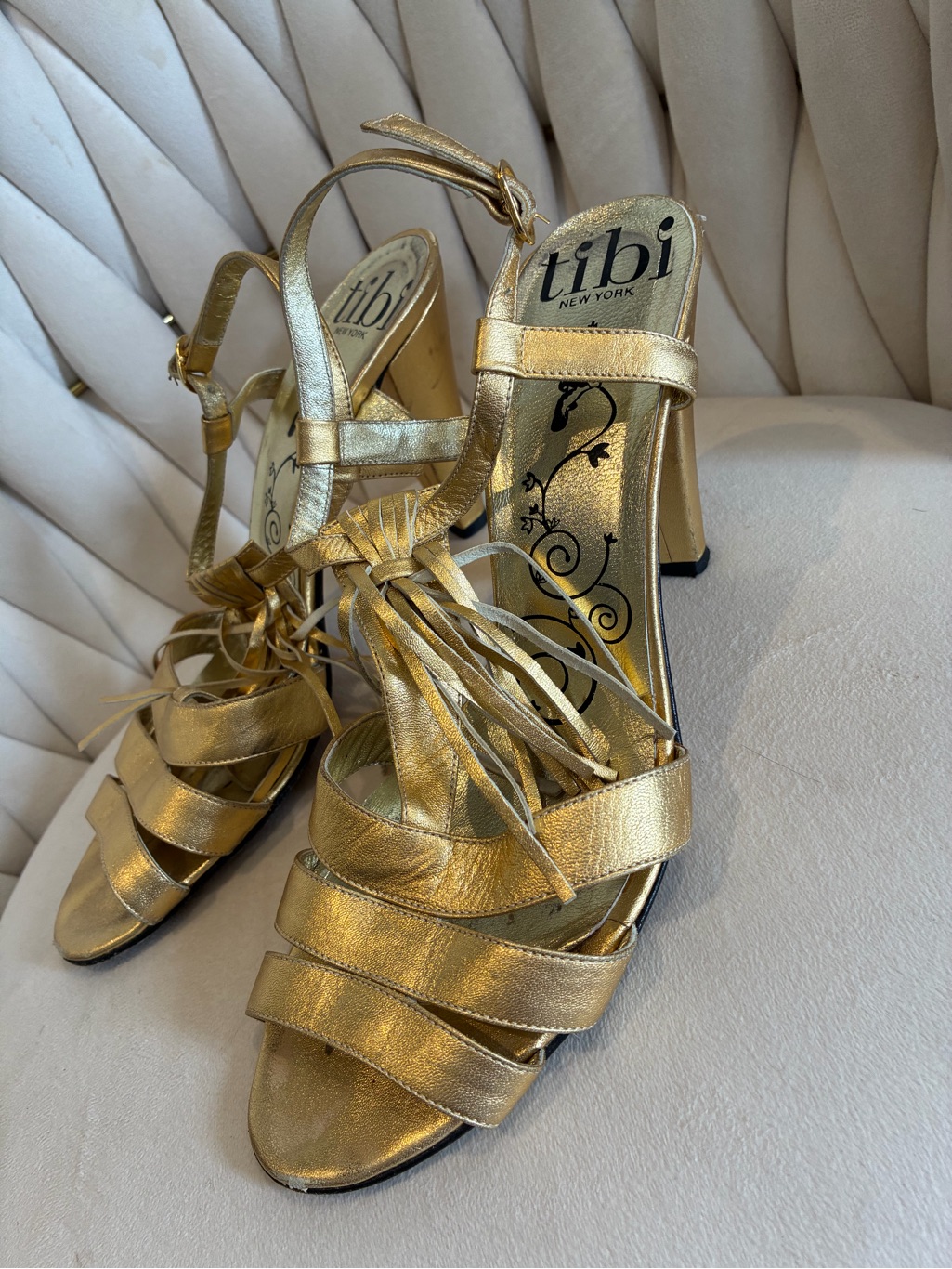 Tibi Metallic Gold Strappy Block Heel Sandals